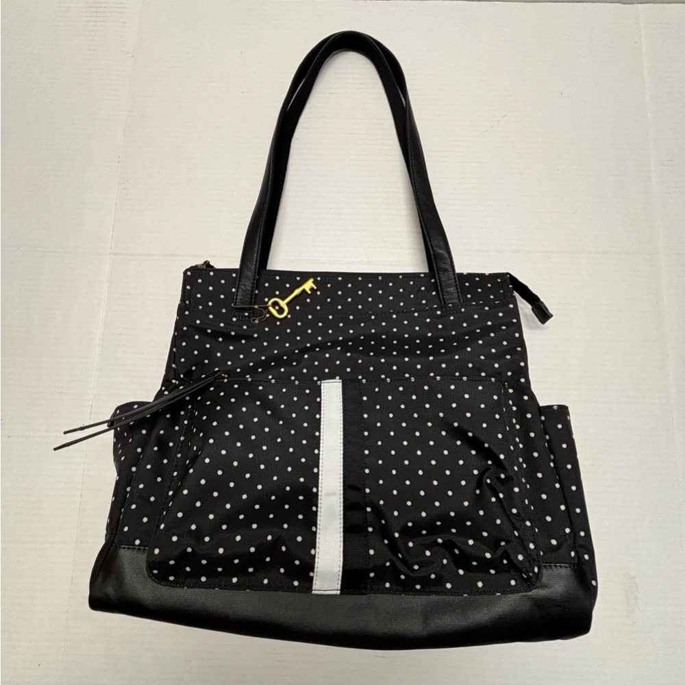 Fossil Polka Dots Tote Shoulder Bag Nylon Black White - Picture 2 of 16